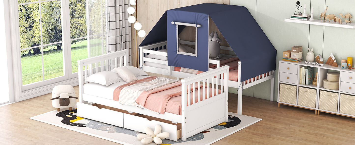 House-Shaped Twin Bunk Bed with Tent, Drawers, White & Blue