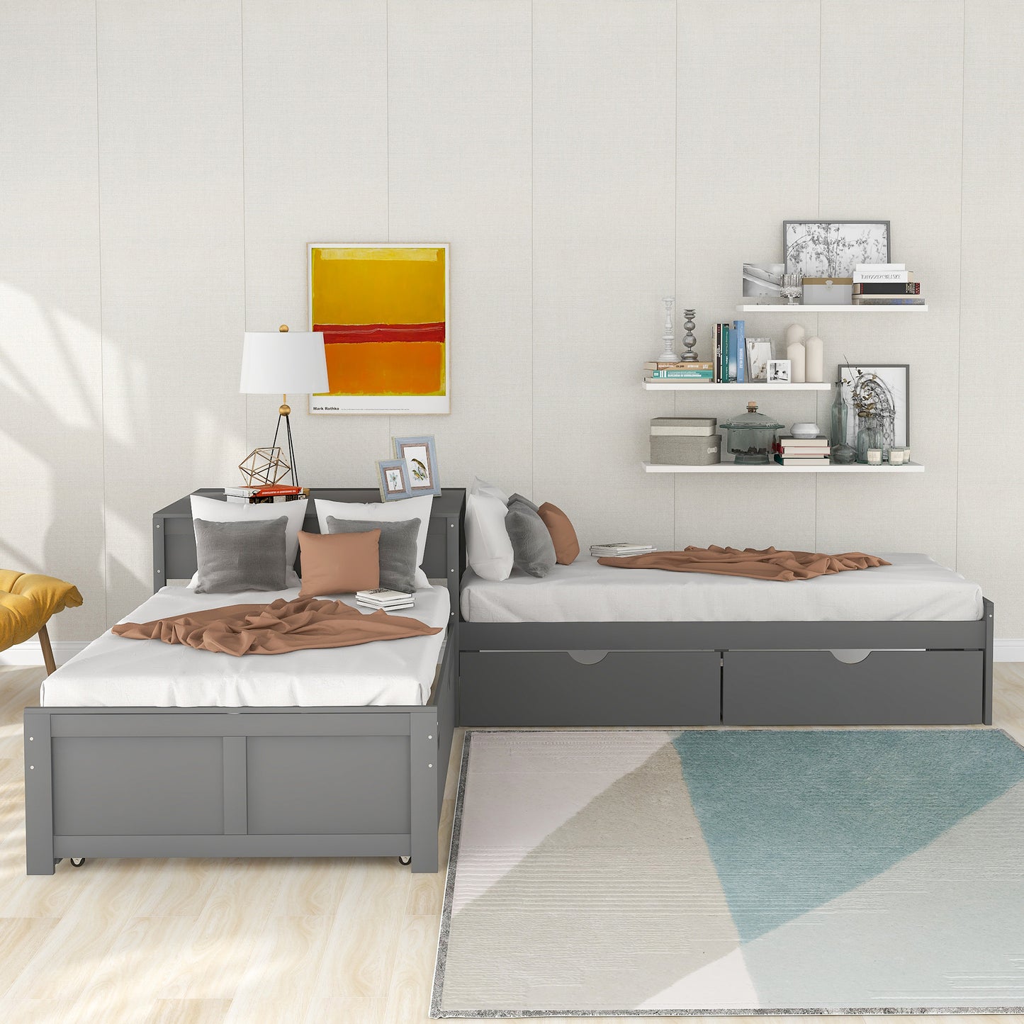 L-shaped Platform Bed with Trundle and Drawers Linked with built-in Desk,Twin,Gray