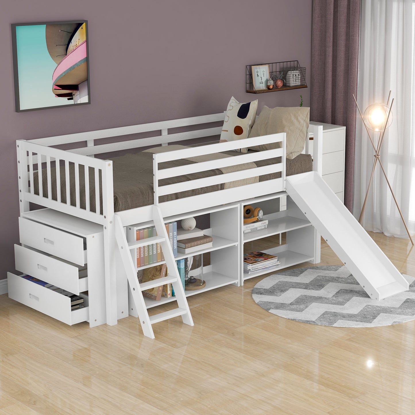 Low Loft Bed with Attached Bookcases and Separate 3-tier Drawers,Convertible Ladder and Slide,Twin,White