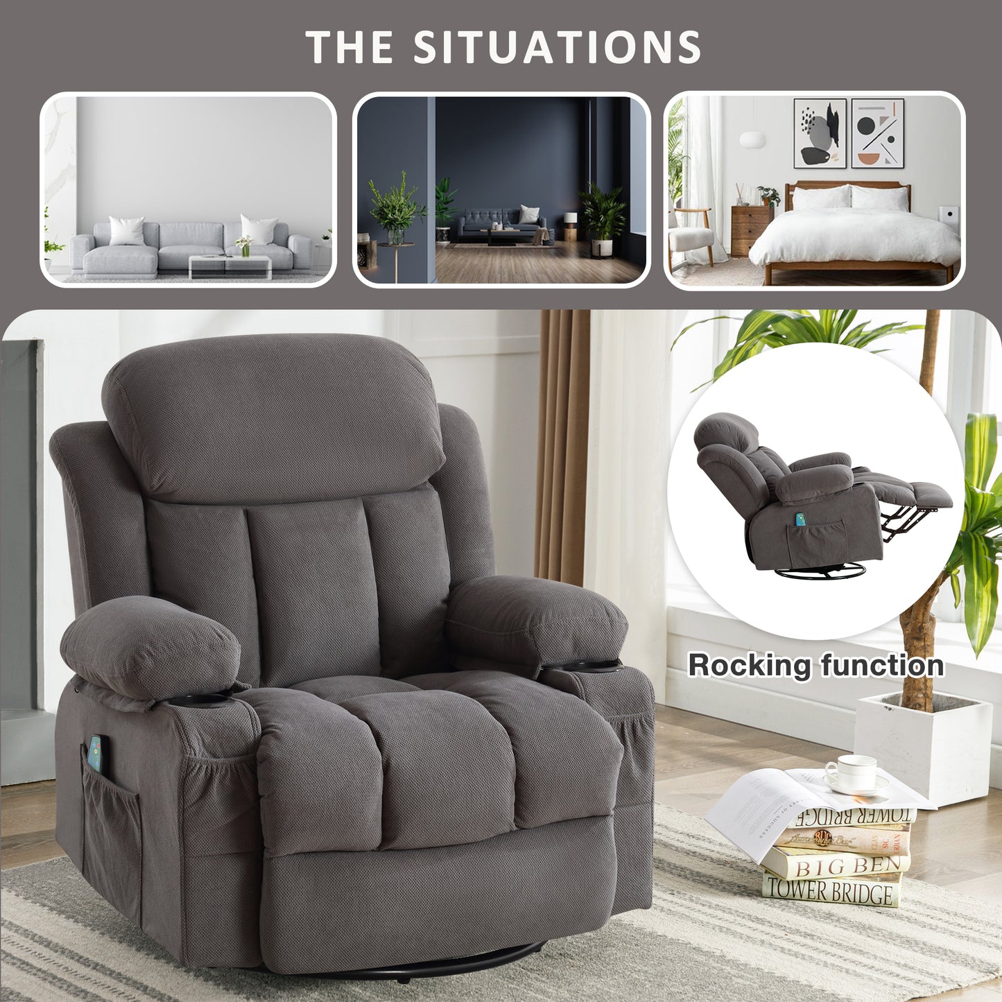 Swinging Recliner Massage Heated Sofa with USB and Cup Holders in Luxurious Grey Velvet