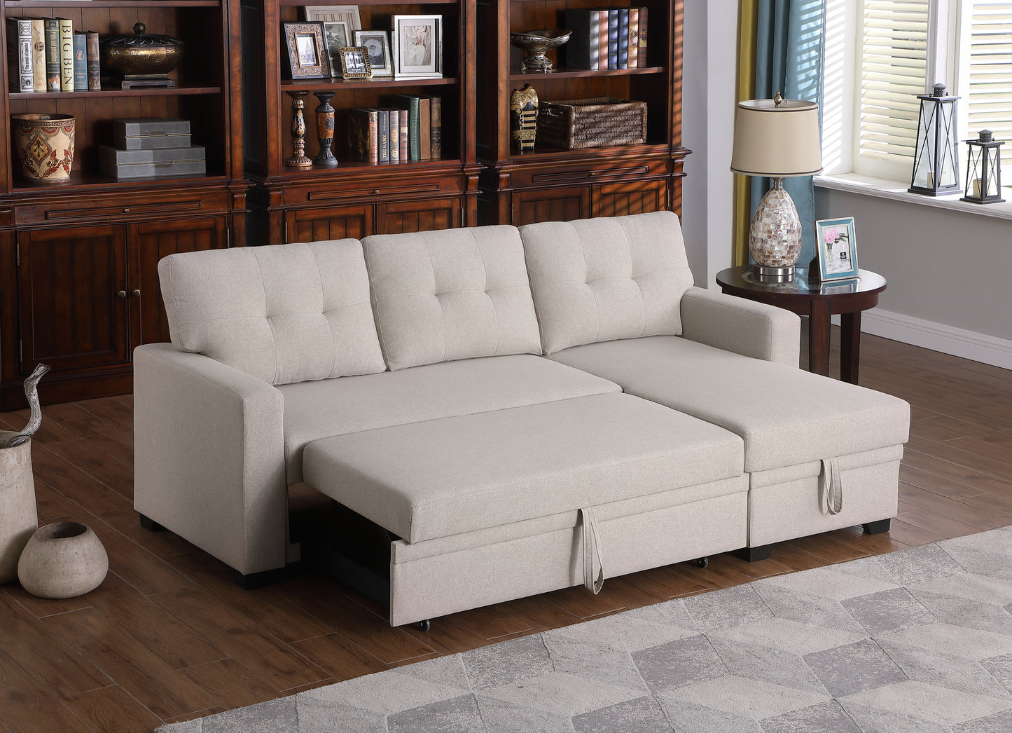 Upholstered Pull out Sectional Sofa with Chaise