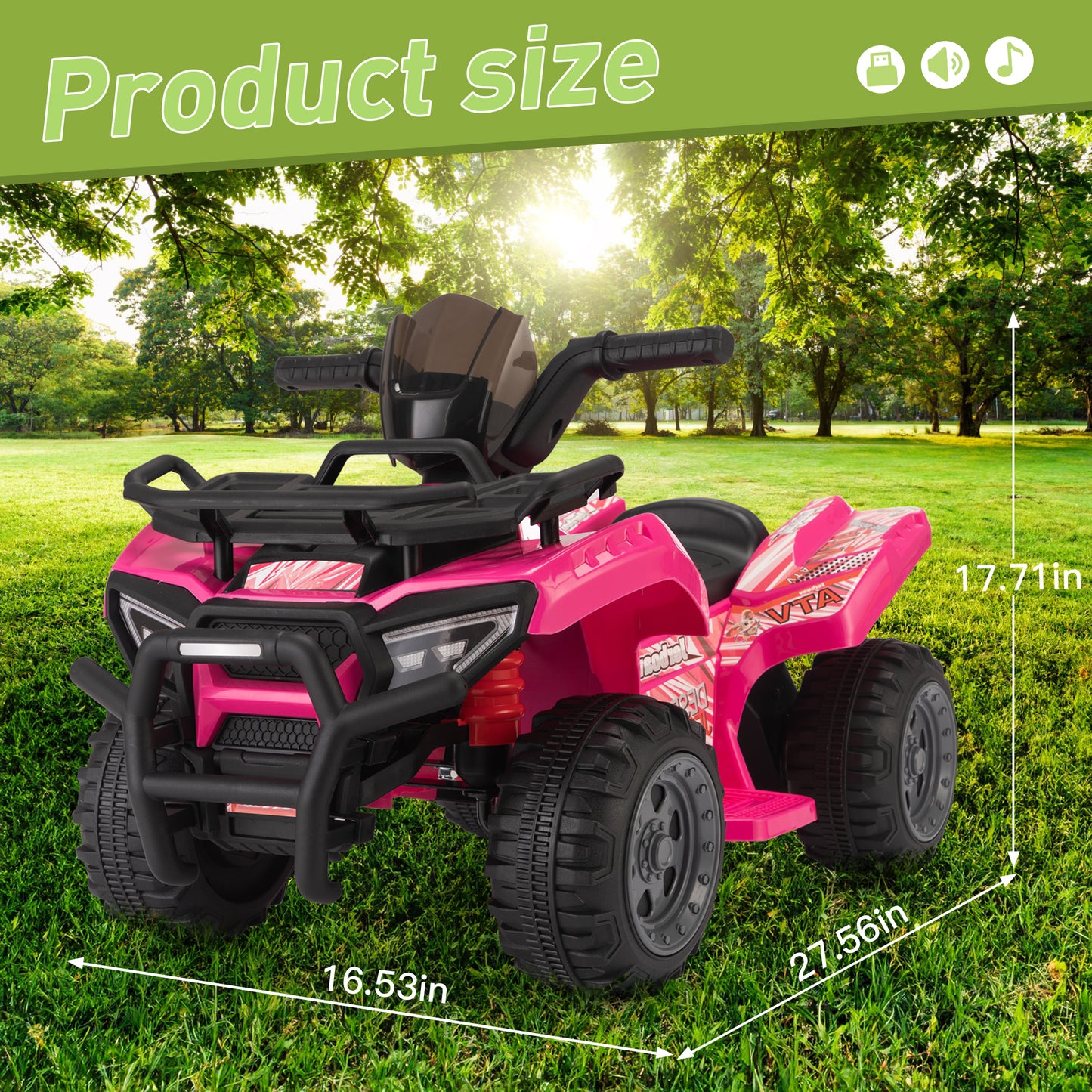 6V Kids Ride-On ATV Car, Powered 4-Wheeler Quad w/ Music Horn USB MP3, 1.9 MPH Max Speed, Electric Vehicle Toy for Children 18-48 Months, Rosy