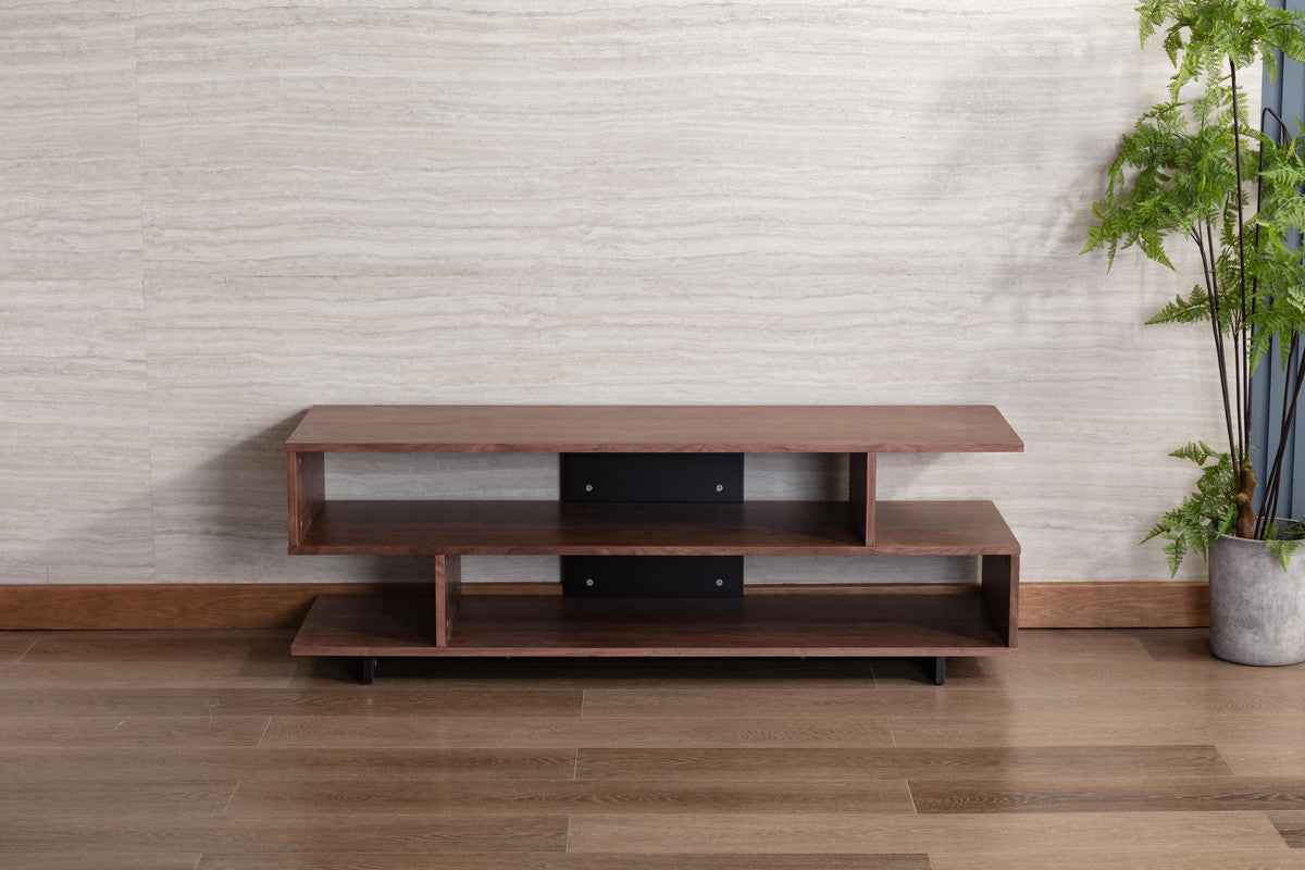 Iris Walnut Brown TV Stand with Black Legs and Two Shelves