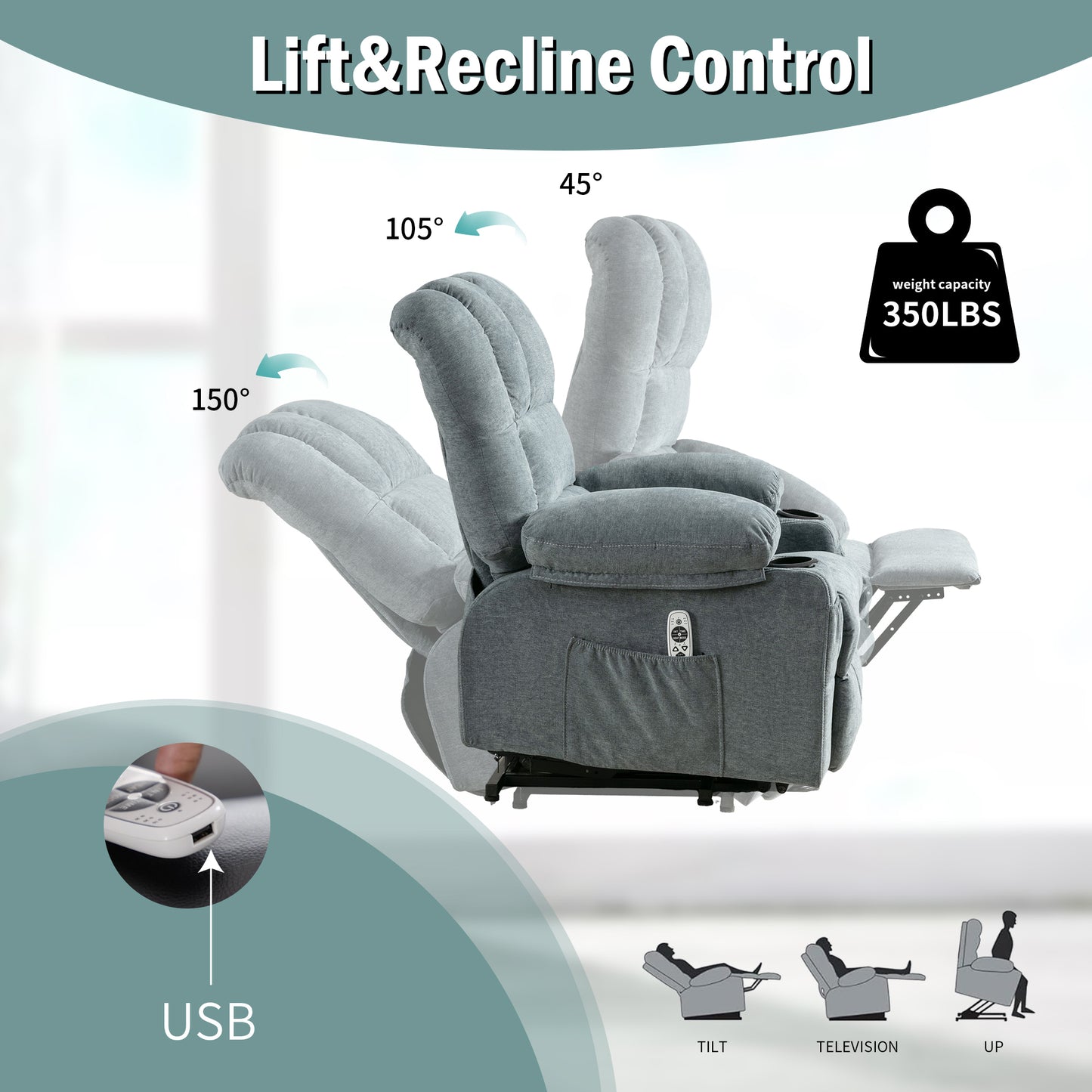 Blue Power Lift Recliner Chair with Massage, Heat, and Remote Control