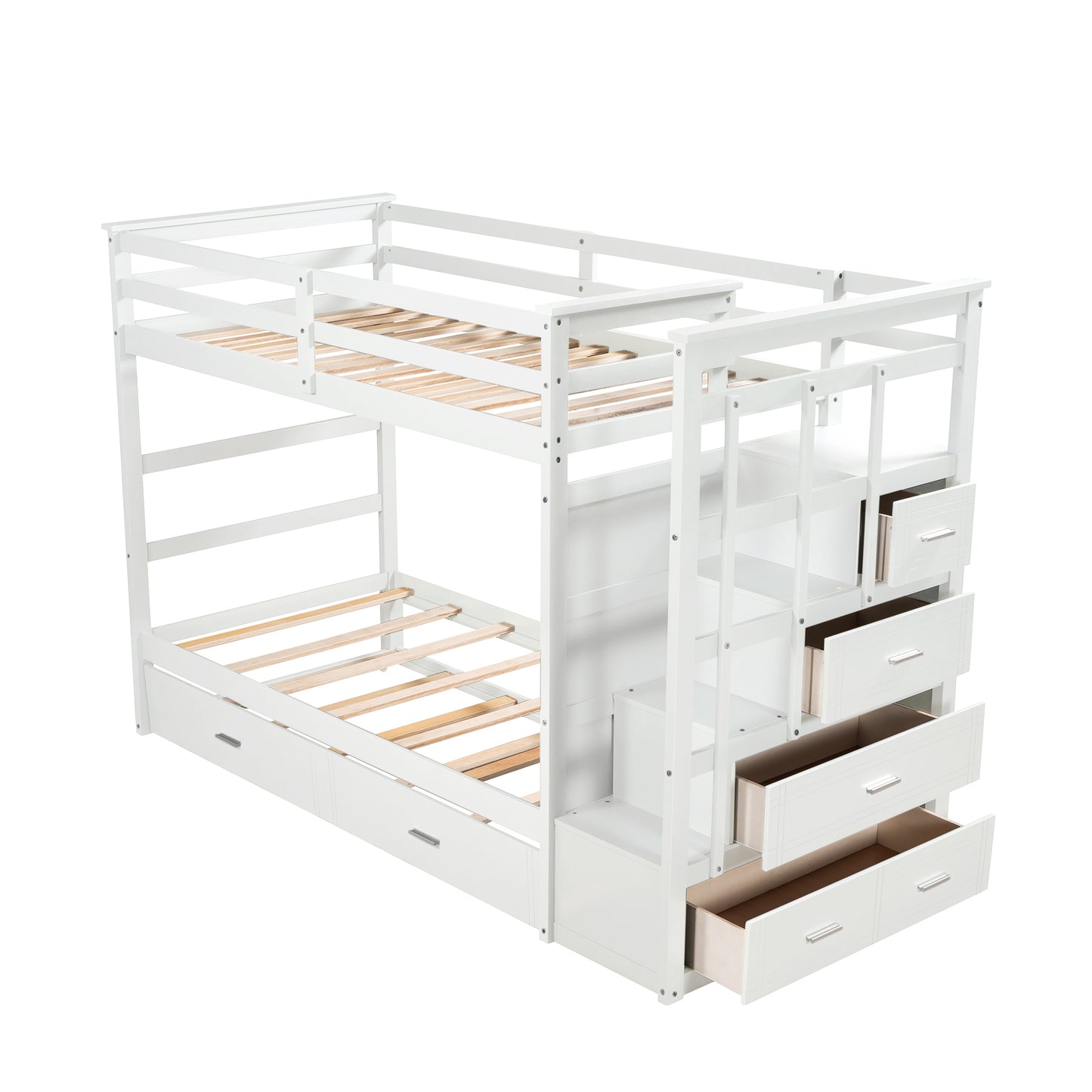 White Solid Wood Twin Bunk Bed with Trundle and Staircase