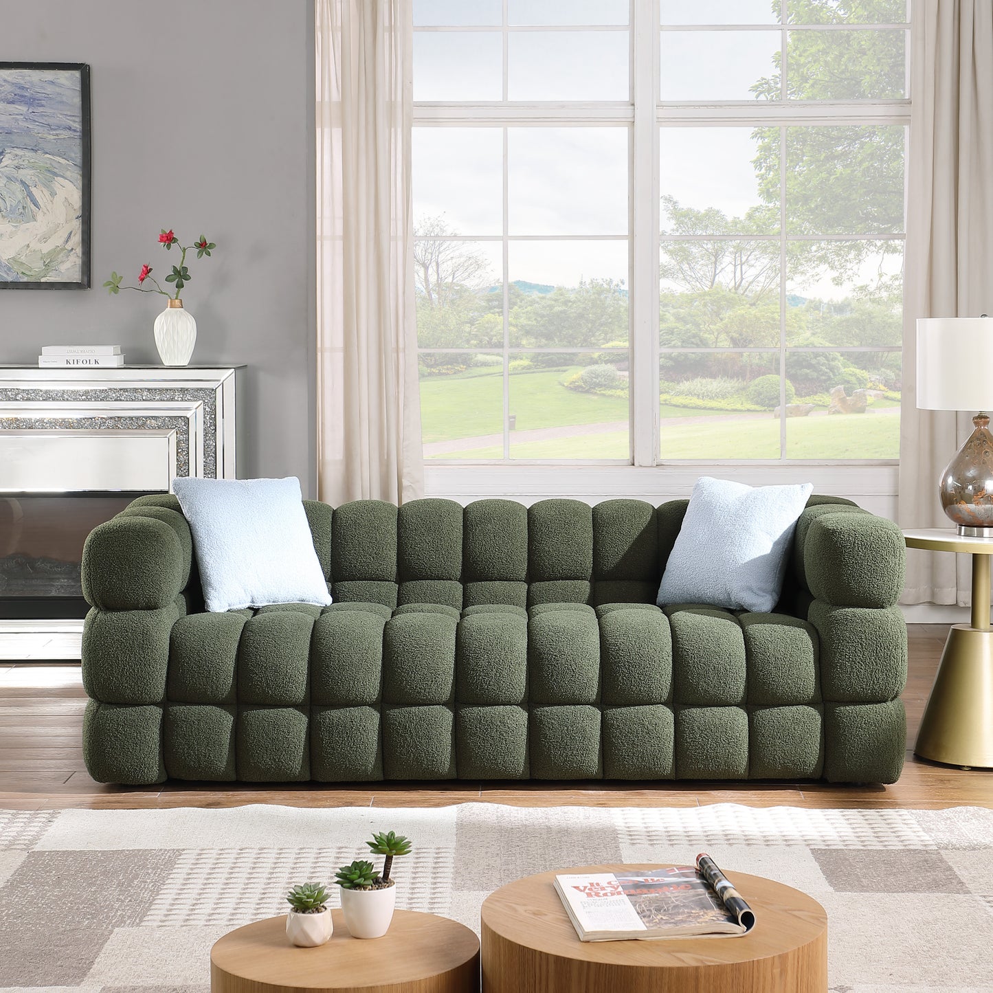 Olive Green Boucle 3-Seater Sofa with Plush Multi-Density Foam