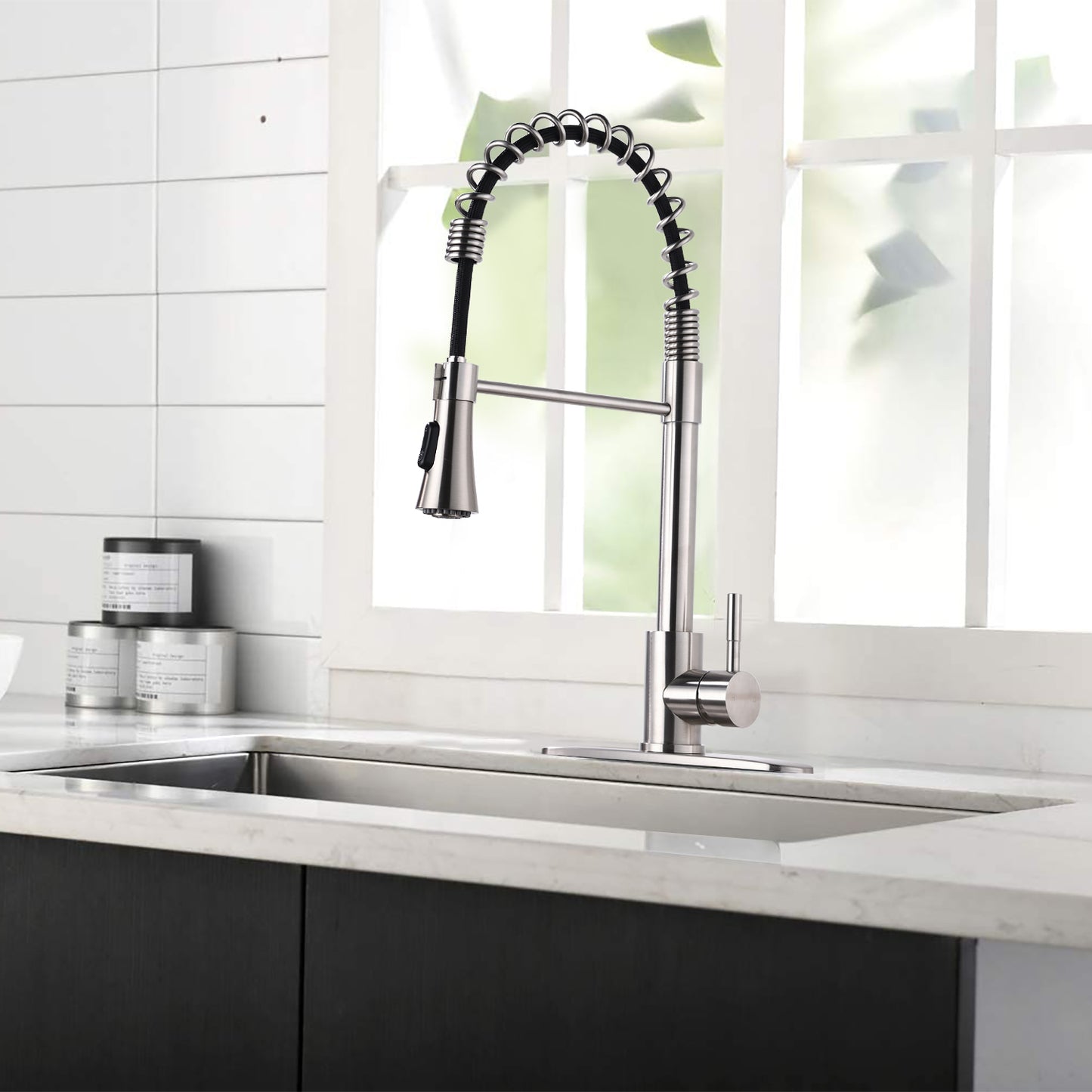 Commercial Kitchen Sink Faucet with Deck Plate Brushed Nickel