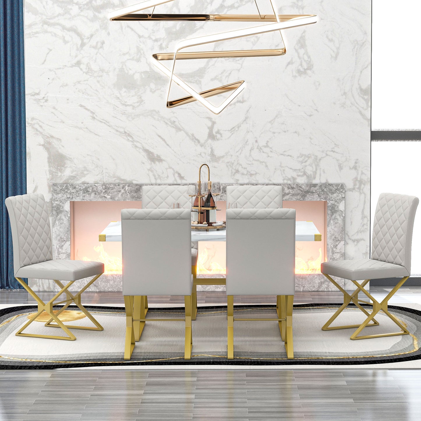 TREXM 7-Piece Modern Dining Table Set, Rectangular Marble Texture Kitchen Table and 6 PU leather Chairs with X-Shaped Gold Steel Pipe Legs for Dining Room (White)