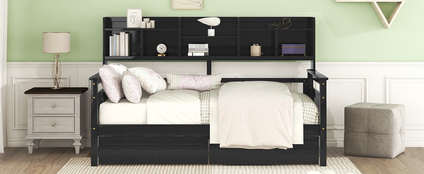 Twin size Daybed, Wood Slat Support, with Bedside Shelves and Two Drawers, Espresso