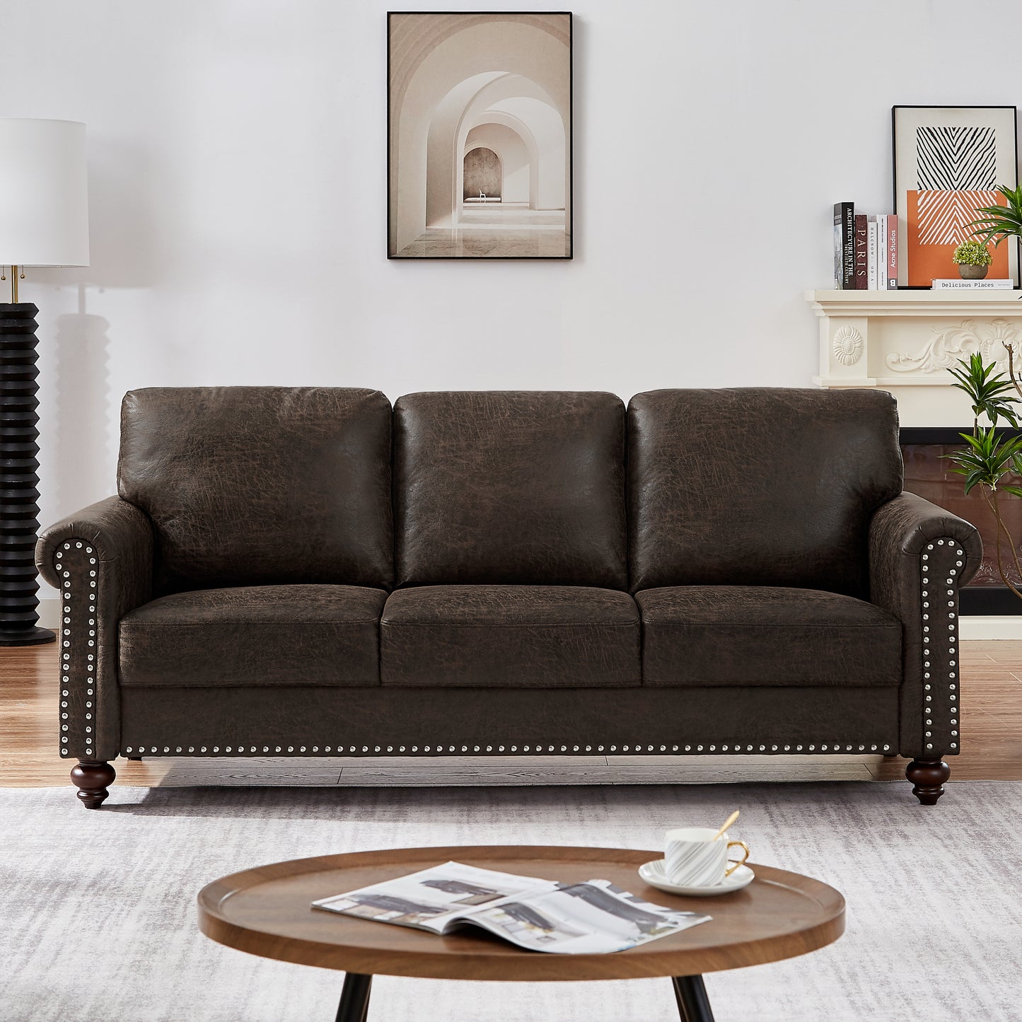 Leathaire Fabric Upholstery sofa/ Easy, Tool-Free Assembly,Dark Brown