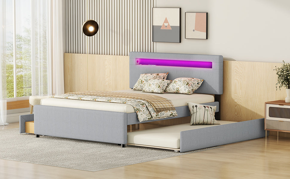 Queen Size Upholstered Storage Platform Bed with Twin Size Trundle, 2 Drawers, LED and USB Charging, Gray