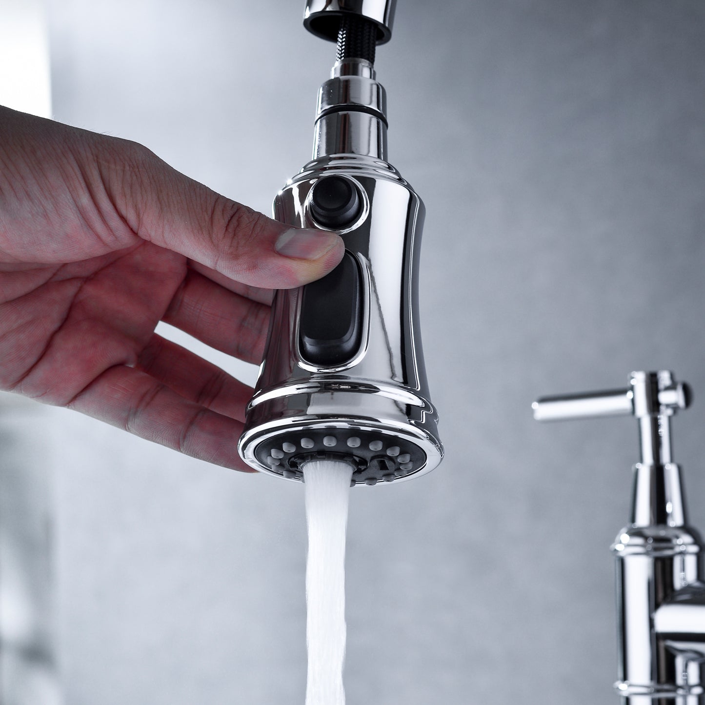 Bridge Kitchen Faucet with Pull-Down Sprayhead in Spot