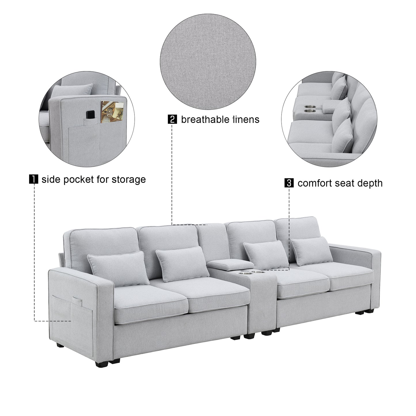 Modern 4-Seat Upholstered Sofa with Console and USB Ports