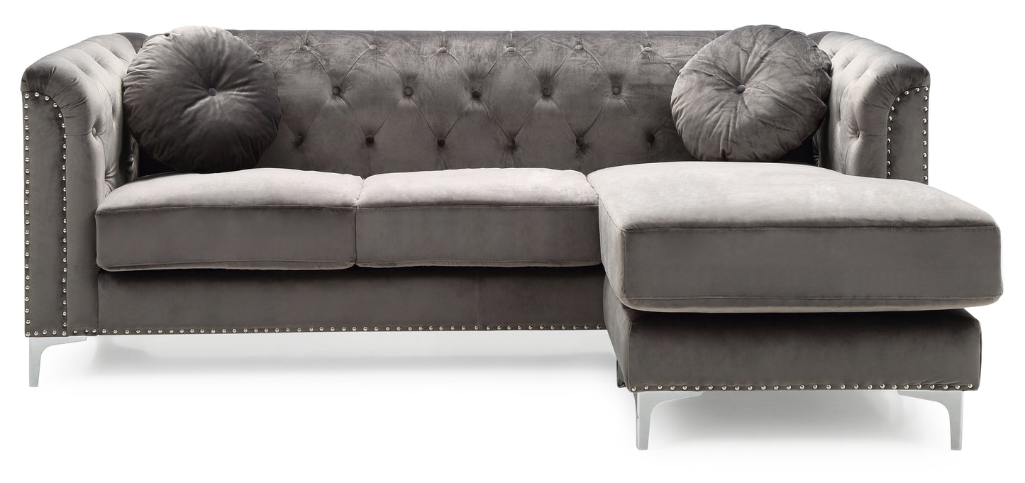 Elegant Dark Gray Velvet Sofa Chaise with Chromed Steel Legs