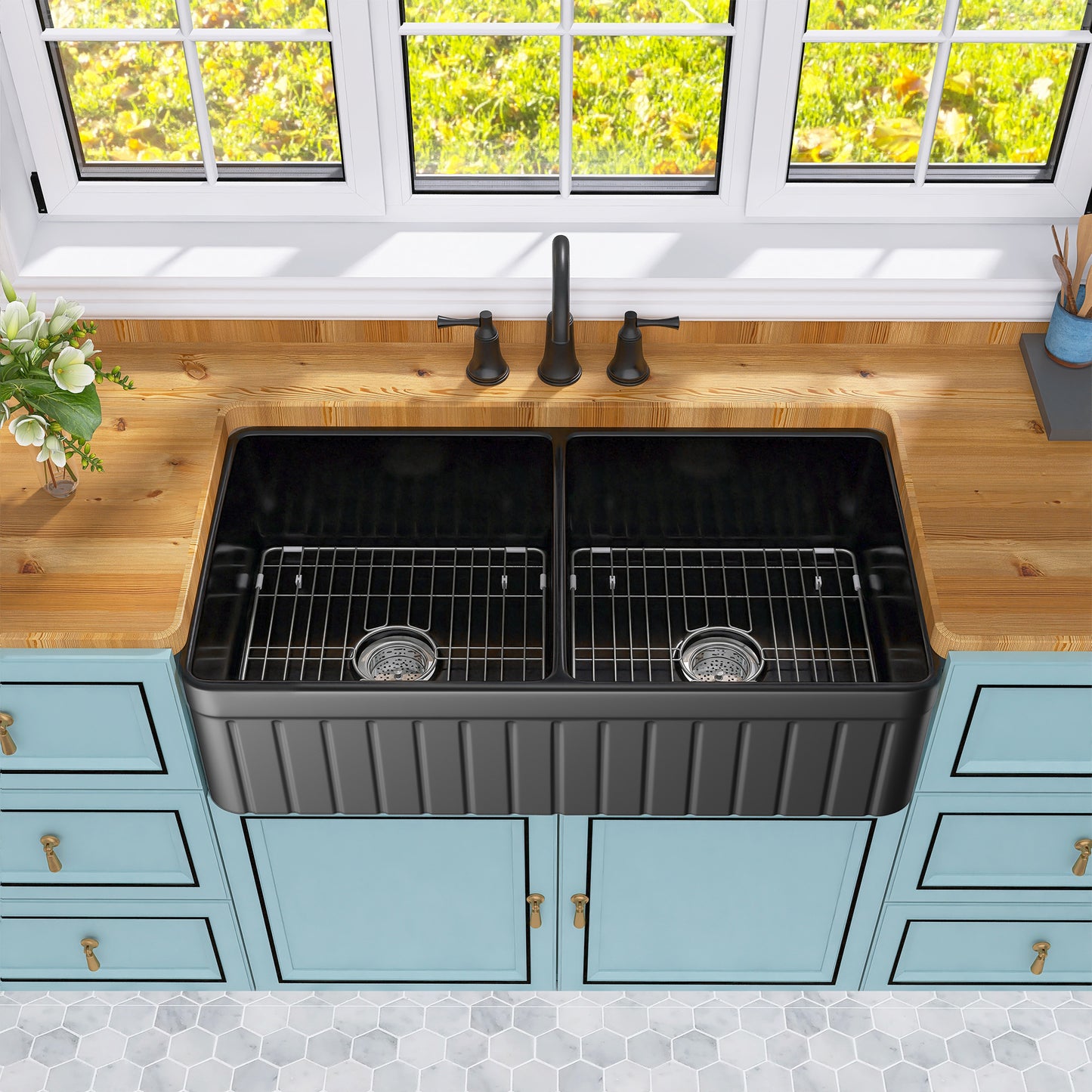 Black Double Bowl Fireclay Farmhouse Kitchen Sink