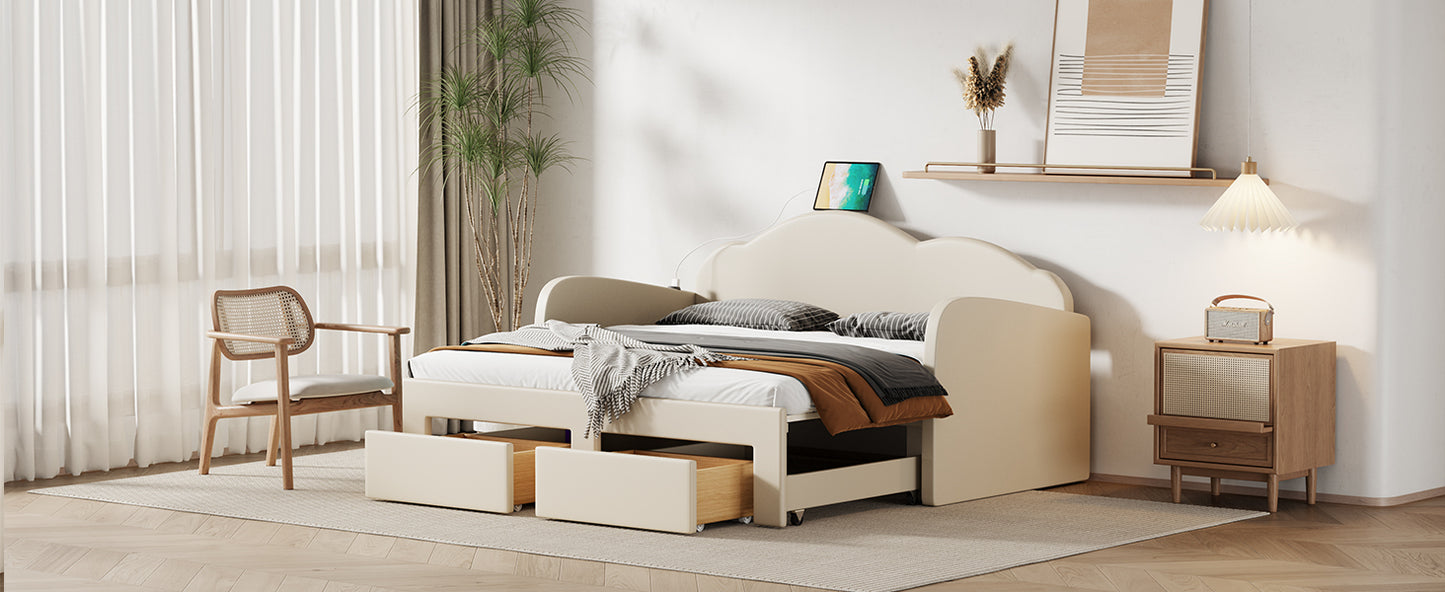 Twin Size Upholstered daybed with Cloud-Shaped Backrest, Trundle & 2 Drawers and USB Ports, Beige