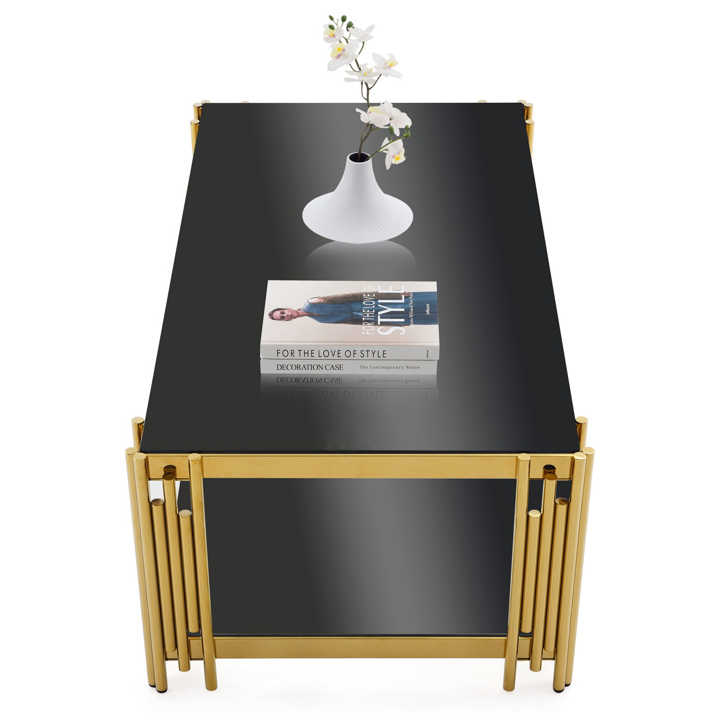 48-Inch Wide Golden Stainless Steel Coffee Table with Double-Layer Black Tempered Glass Top