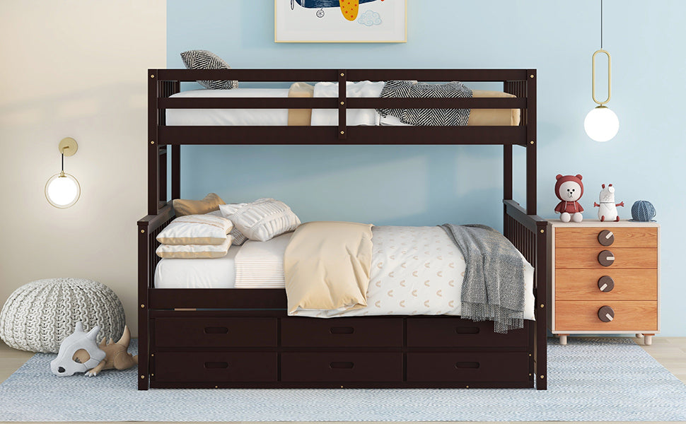 Rustic Three-Bedroom Bunk Bed with Trundle and Drawers - Espresso