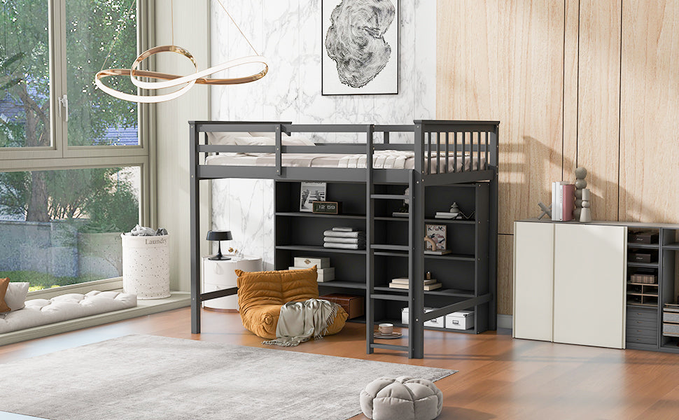 Twin Size Loft Bed with 8 Open Storage Shelves and Built-in Ladder, Gary(Expected Arrival Time:1.5)