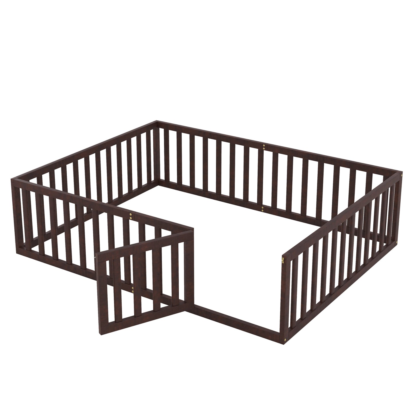 Queen Size Wood Floor Bed Frame with Fence and Door, Walnut