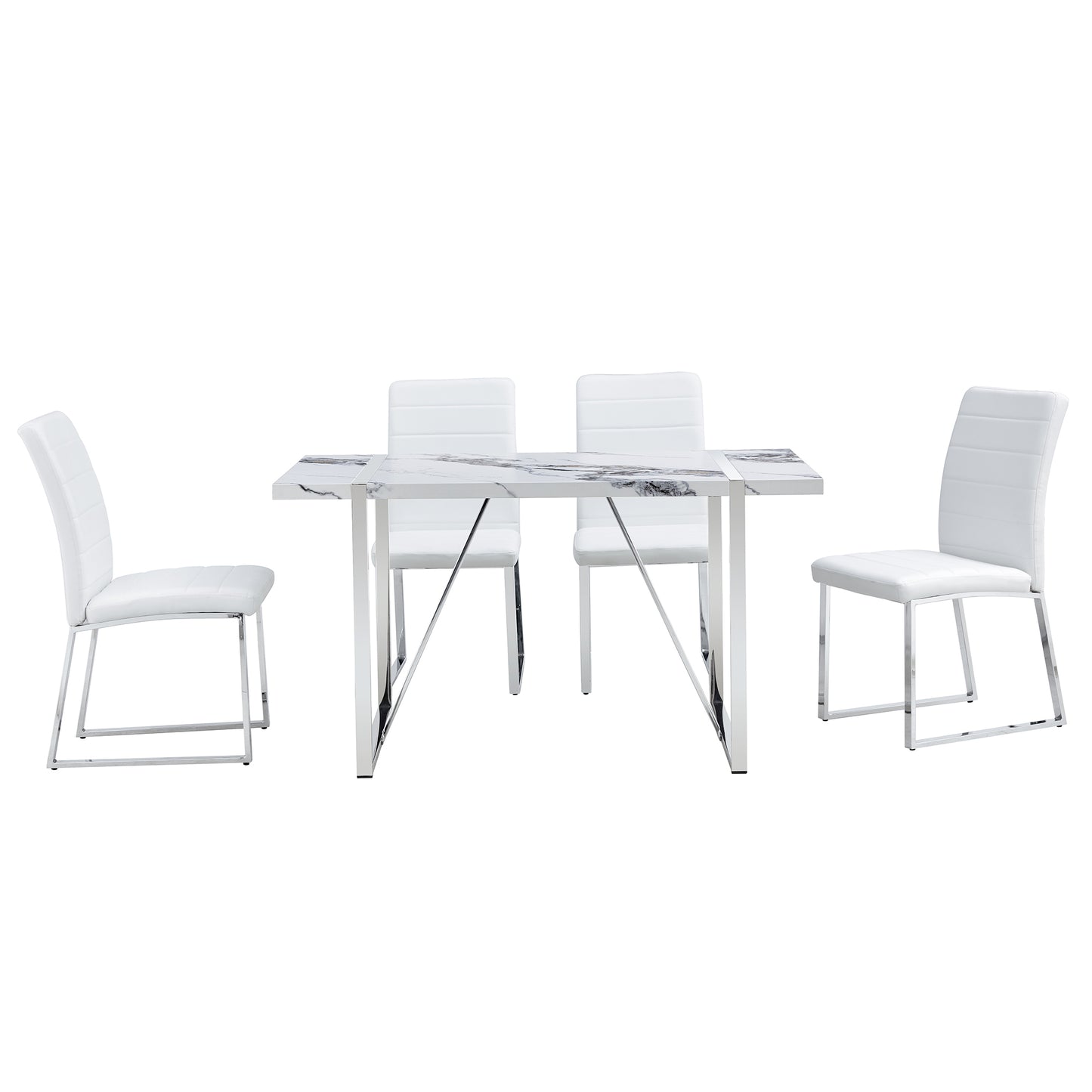 5-piece Dining Table Chairs Set, Rectangular Dining Room Table Set for 4, Faux Marble Modern Dining Table and Faux Leather Chairs for Kitchen Dining Room, White