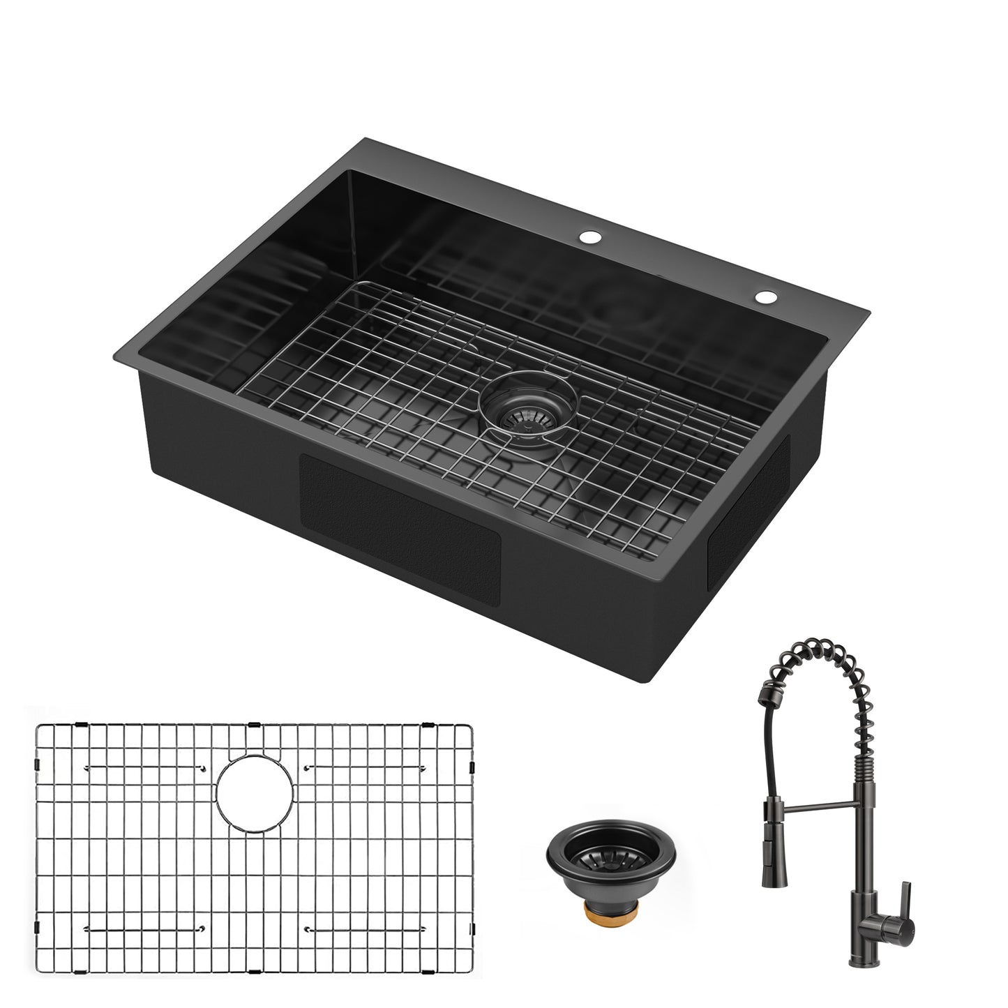 Gunmetal Black Stainless Steel Kitchen Sink With Faucet - Single Bowl 30x22Inch Topmount