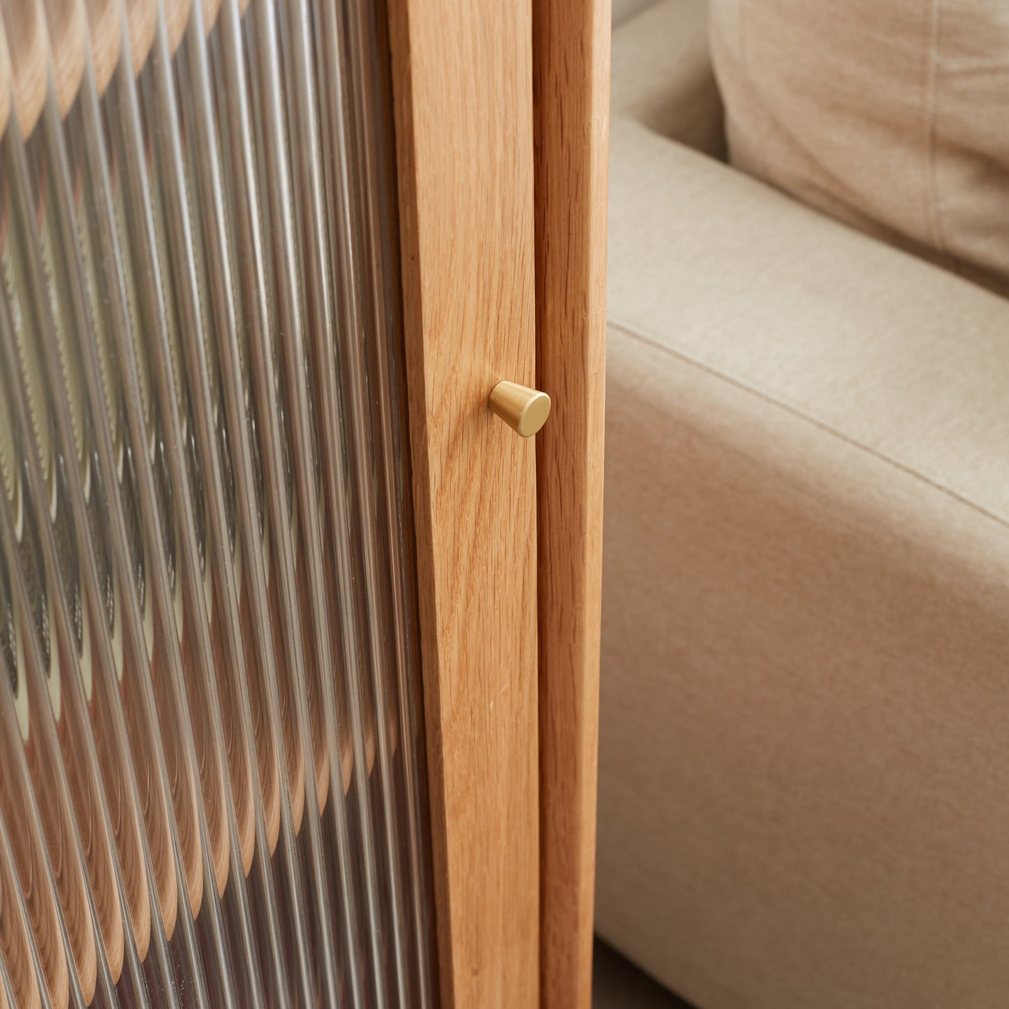 Elegant Oak Wood Corner Cabinet with Vintage Glass Door and Brass Handle