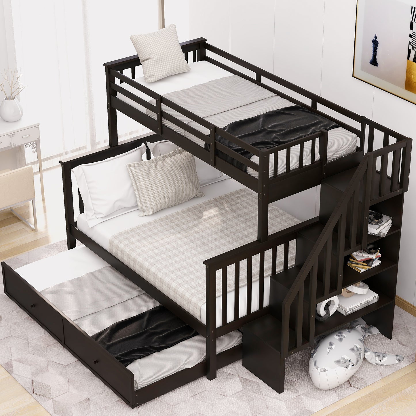 Stairway Bunk Bed with Storage, Trundle, and Guard Rail in Espresso Finish for Adults