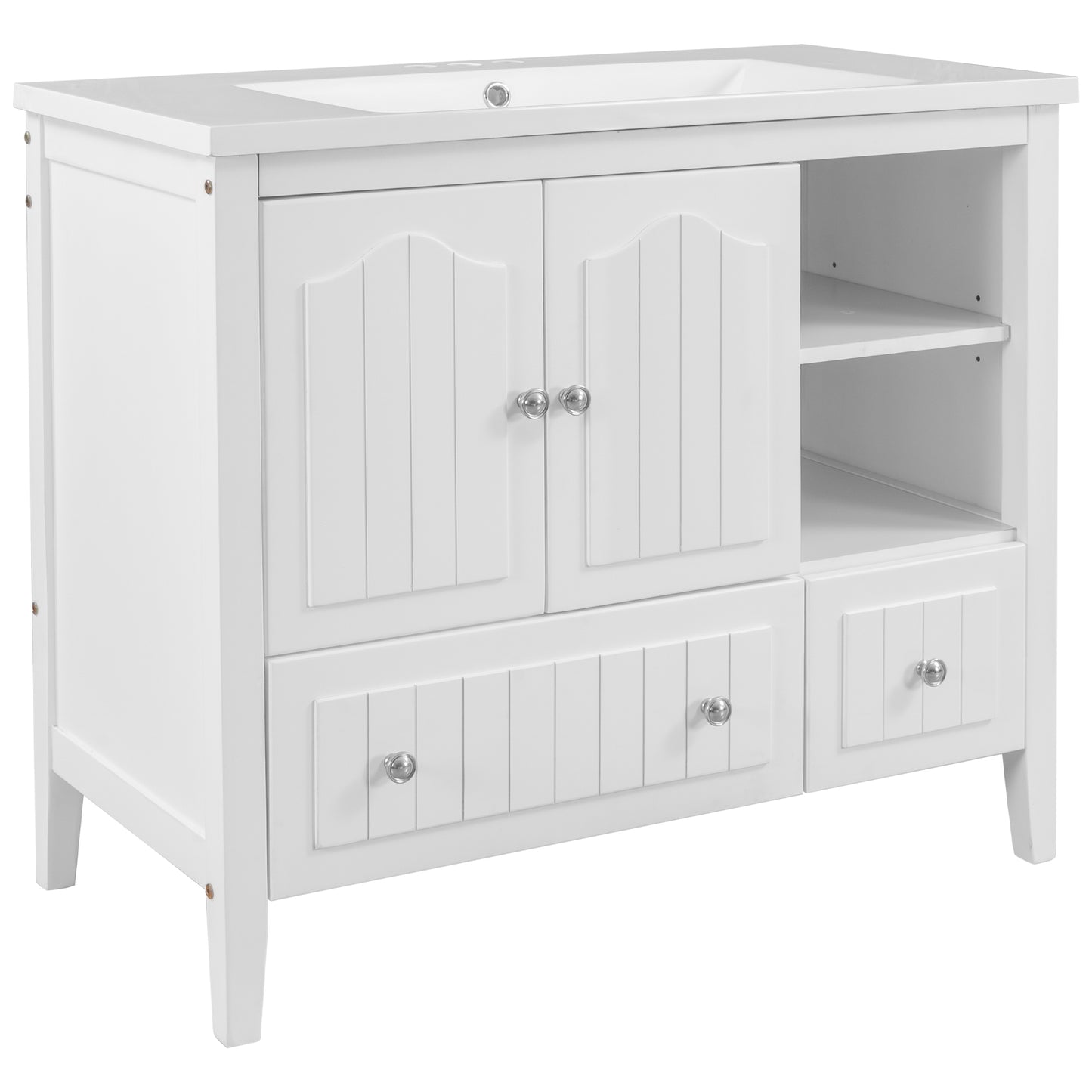 [VIDEO] 36" Bathroom Vanity with Ceramic Basin, Bathroom Storage Cabinet with Two Doors and Drawers, Solid Frame, Metal Handles, White