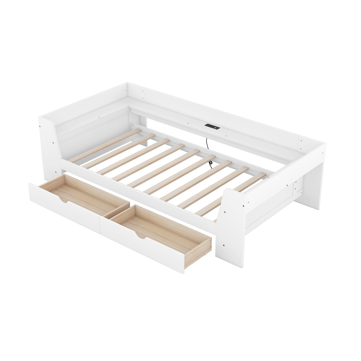 Twin Size Daybed with Shelves, Drawers and Built-In Charging Station, White