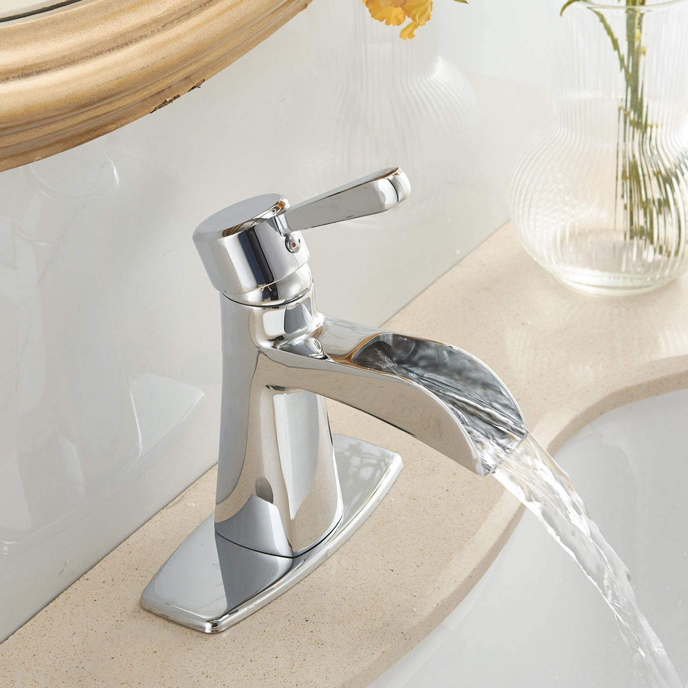 Chrome Waterfall Bathroom Sink Faucet with Single-Handle Low-Arc Design and Pop-up Drain