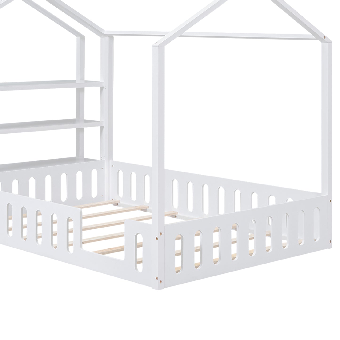 Full Size Wood House Bed with Fence and Detachable Storage Shelves, White(Expected Arrival Time: 1.7)