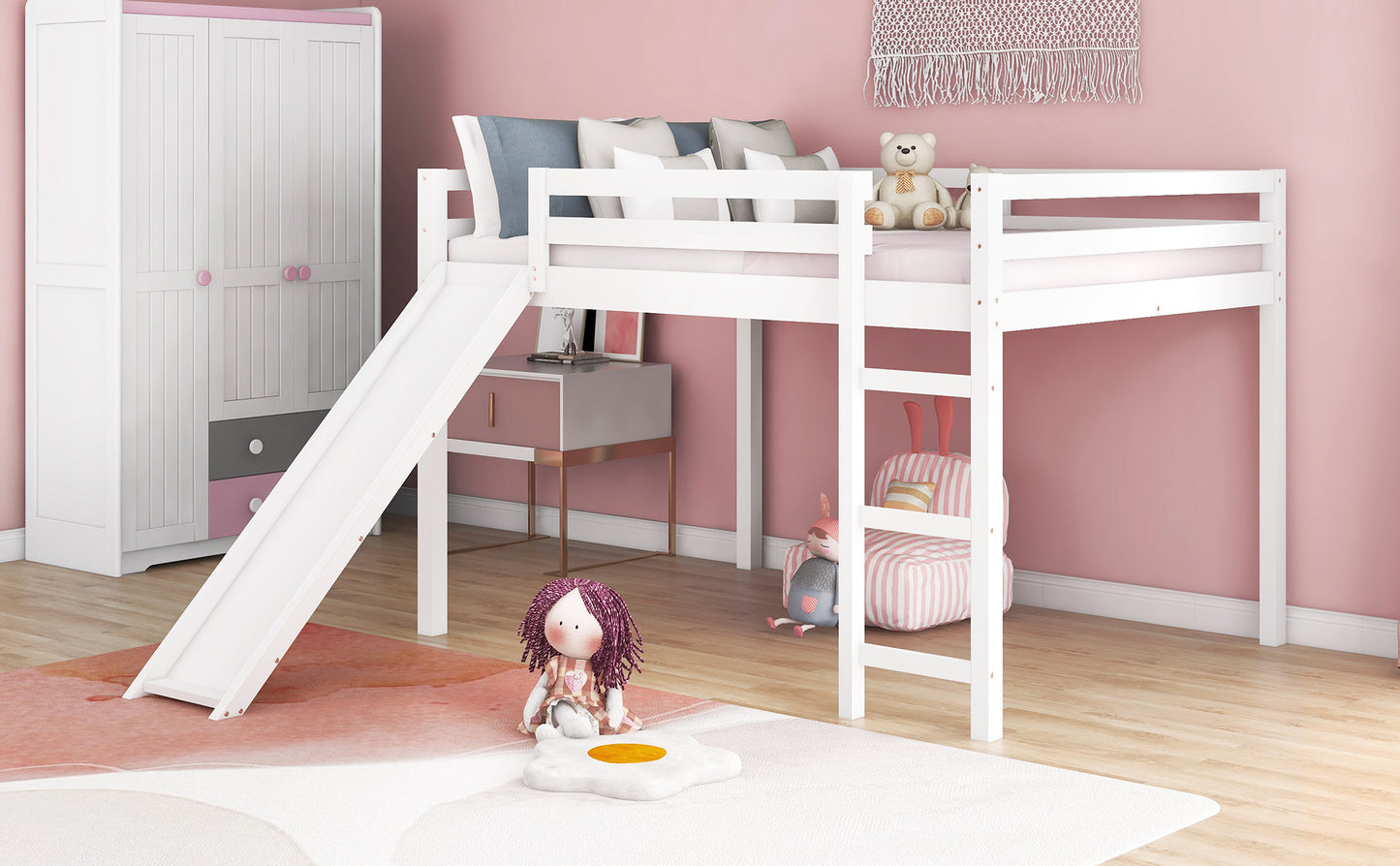 Loft Bed with Slide, Multifunctional Design, Full (White)( :WF281157AAK)