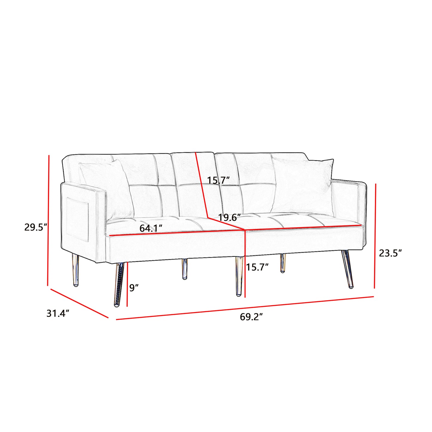 Black Velvet Futon Sofa Bed with Gold Metal Legs