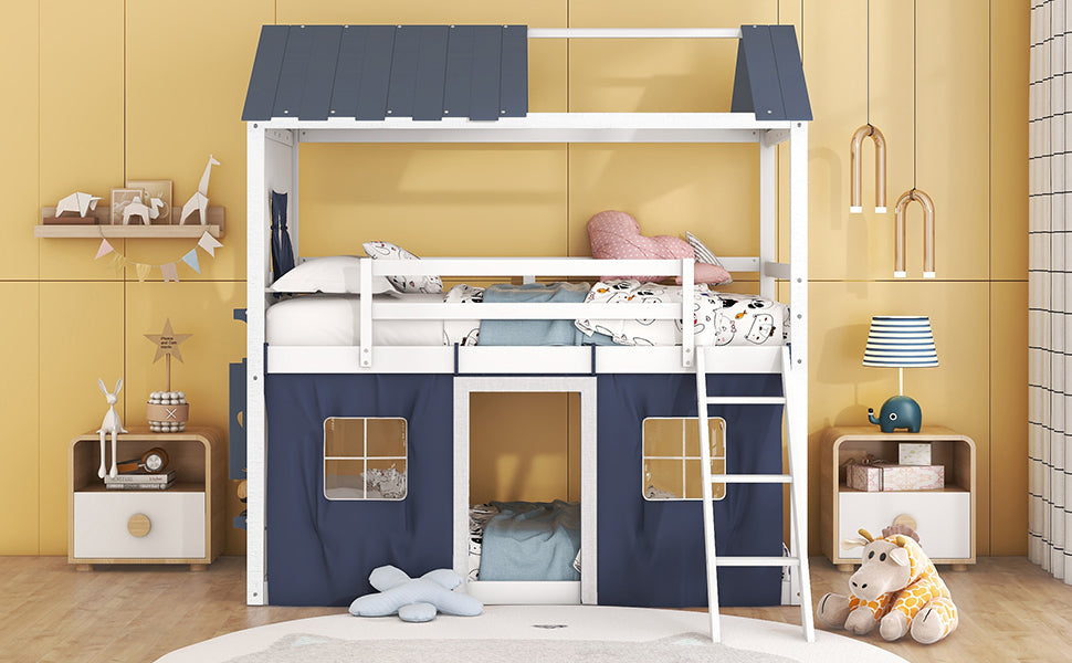 Twin Size Bunk Wood House Bed with Elegant Windows, Sills and Tent,  Blue+White