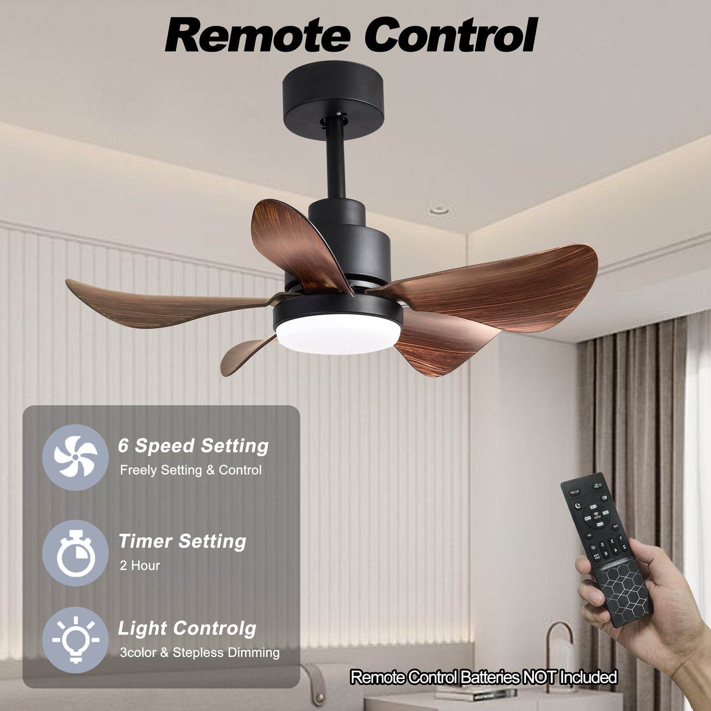 28 Inch Ceiling Fan with Lights Remote Control - Modern Black Walnut Design