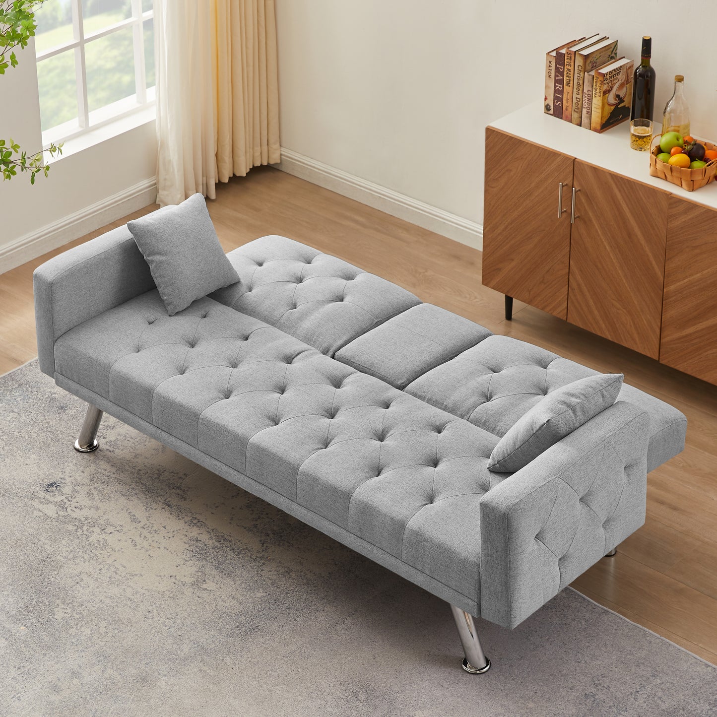 Square Arm Armrests, Grey Linen Convertible Sofa and Daybed