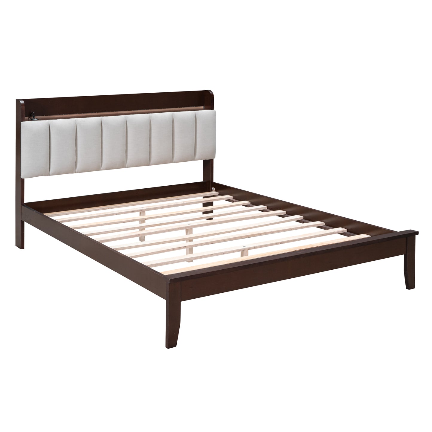 Full size Platform Bed with USB Charging Station and Storage Upholstered Headboard,LED Bed Frame,No Box Spring Needed,Walnut+Beige