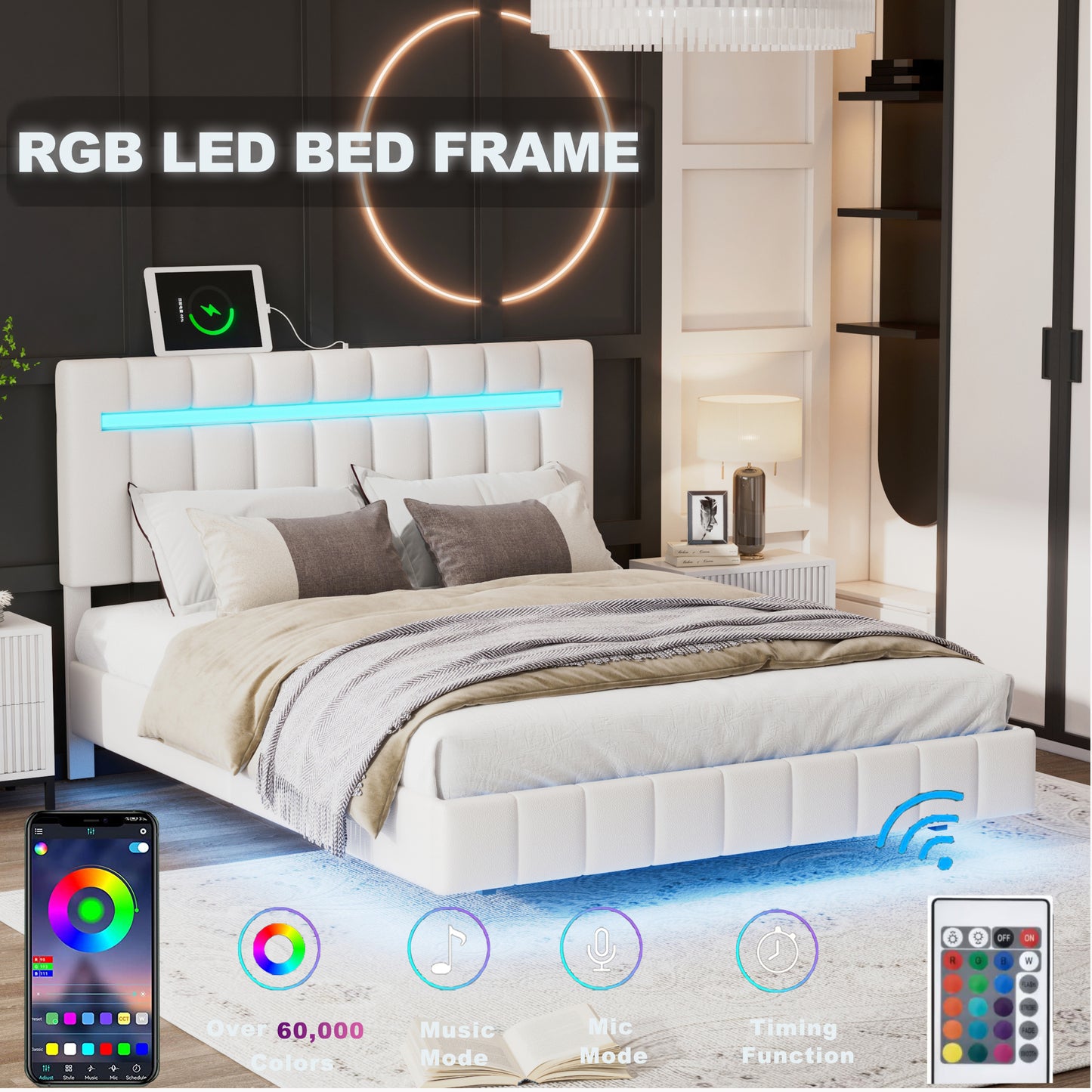 Full Size Floating Bed Frame with LED Lights and USB Charging,Modern Upholstered Platform LED Bed Frame,White(Full)