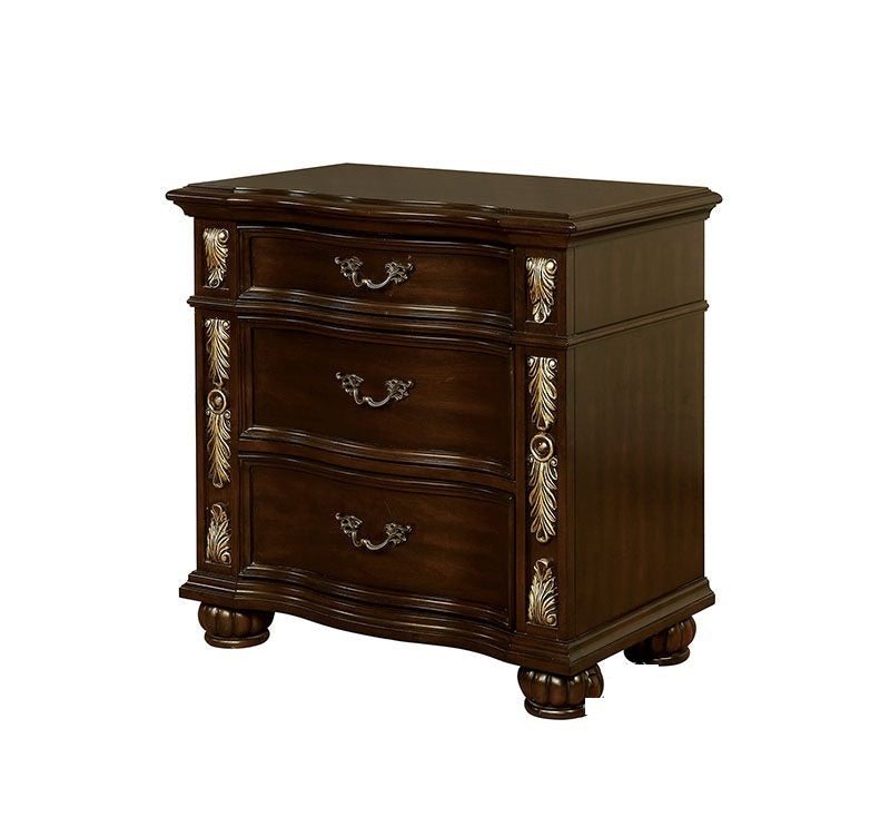 Formal Traditional 1pc Nightstand Only Brown Cherry Solid wood 3-Drawers Decorative Detail Brass Arch Pull Bedroom Furniture