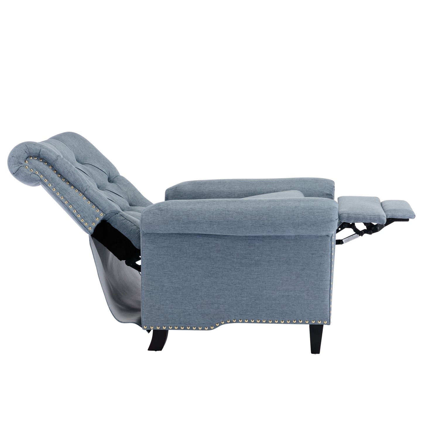 Luxurious Blue Linen Recliner with Pushback Function and Nailhead Trim