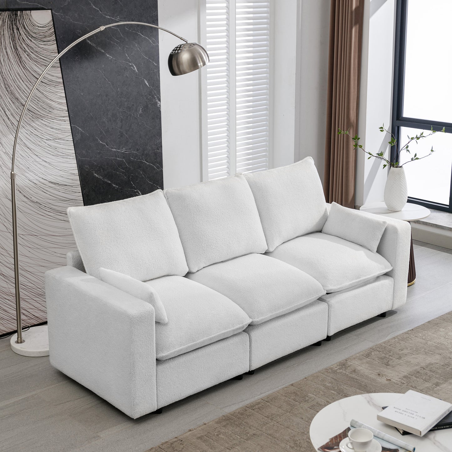 U_STYLE 3 Seat Sofa with Removable Back and Seat Cushions and 2 pillows,Teddy Fabric Couch for Living Room, Office, Apartment