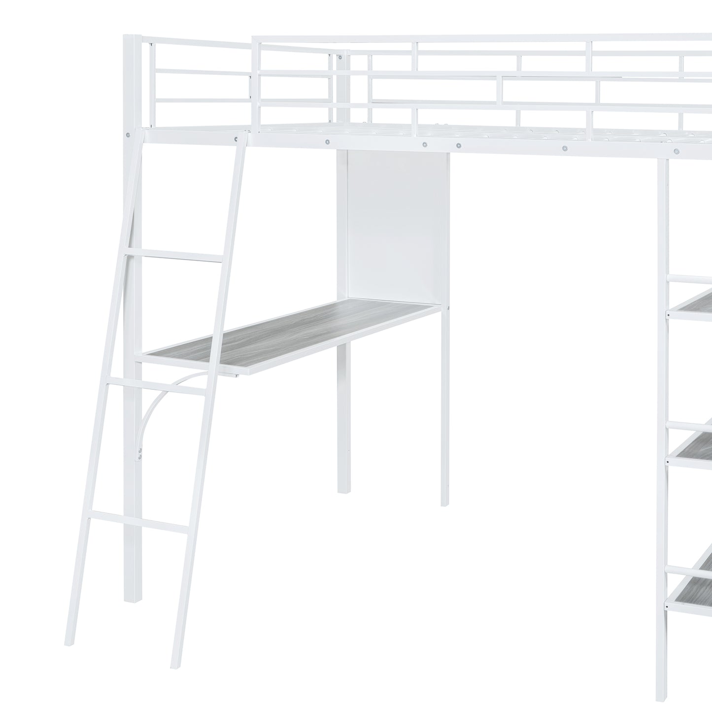 Full Size Loft Metal Bed with 3 Layers of Shelves and Desk, Stylish Metal Frame Bed with Whiteboard, White