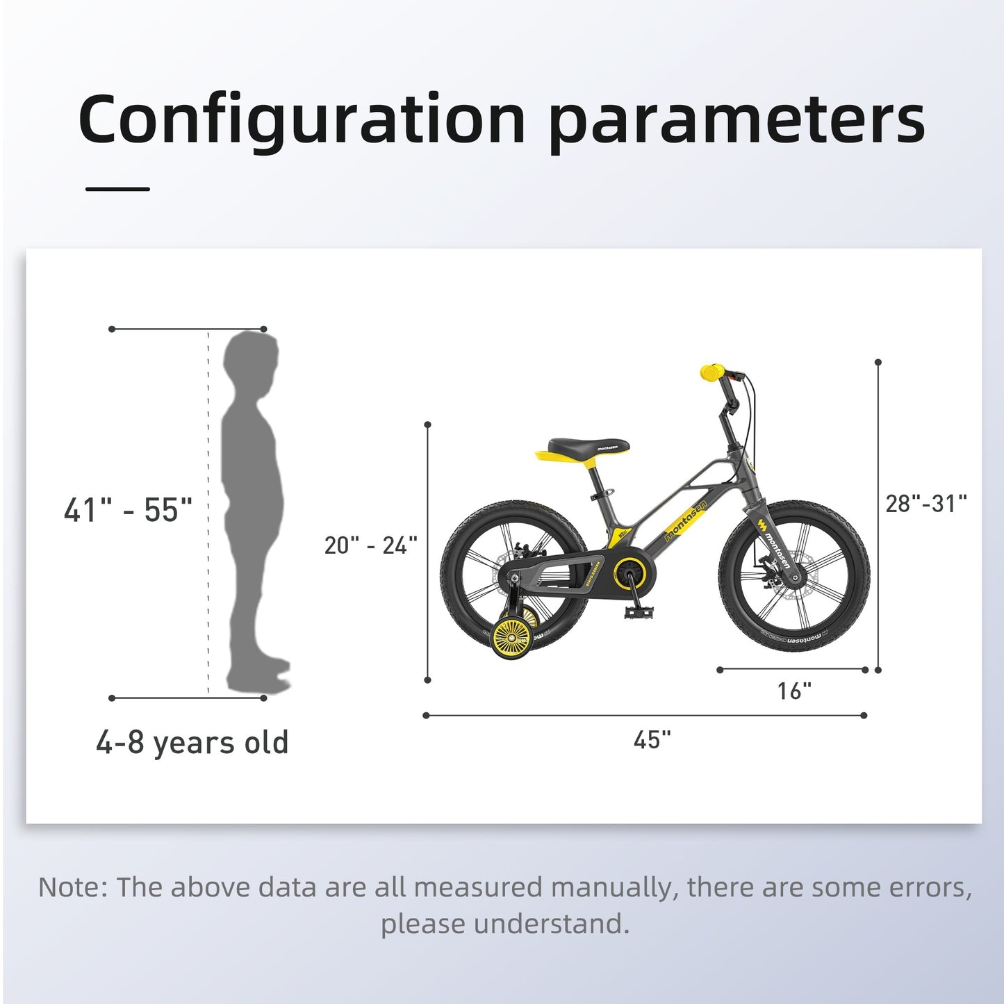 Montasen Kids Bike 16 Inch Bicycle for Boys Girls Ages 4-8 Years, Lightweight Magnesium Alloy Frame, Disc Adjustable Handlebar Training Wheels Gray Yellow Color