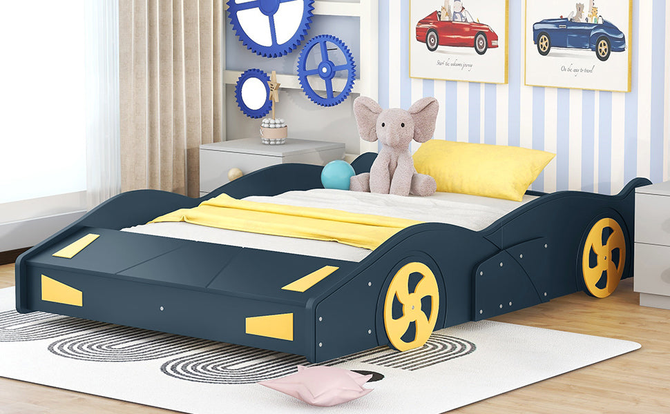 Full Size Race Car-Shaped Platform Bed with Wheels and Storage, Dark Blue+Yellow