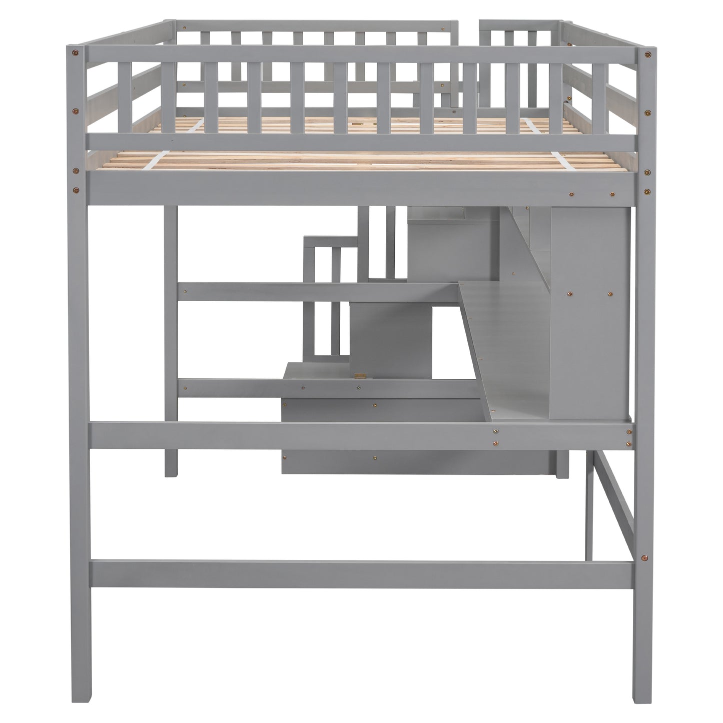 Full Size Loft Bed with Desk, Storage shelves and Staircase,Grey