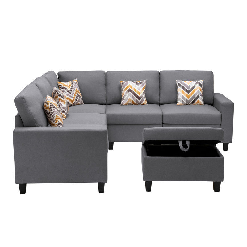 Gray Linen Fabric 6-Piece Reversible Sectional Sofa Set with Pillows, Storage Ottoman, and Interchangeable Legs