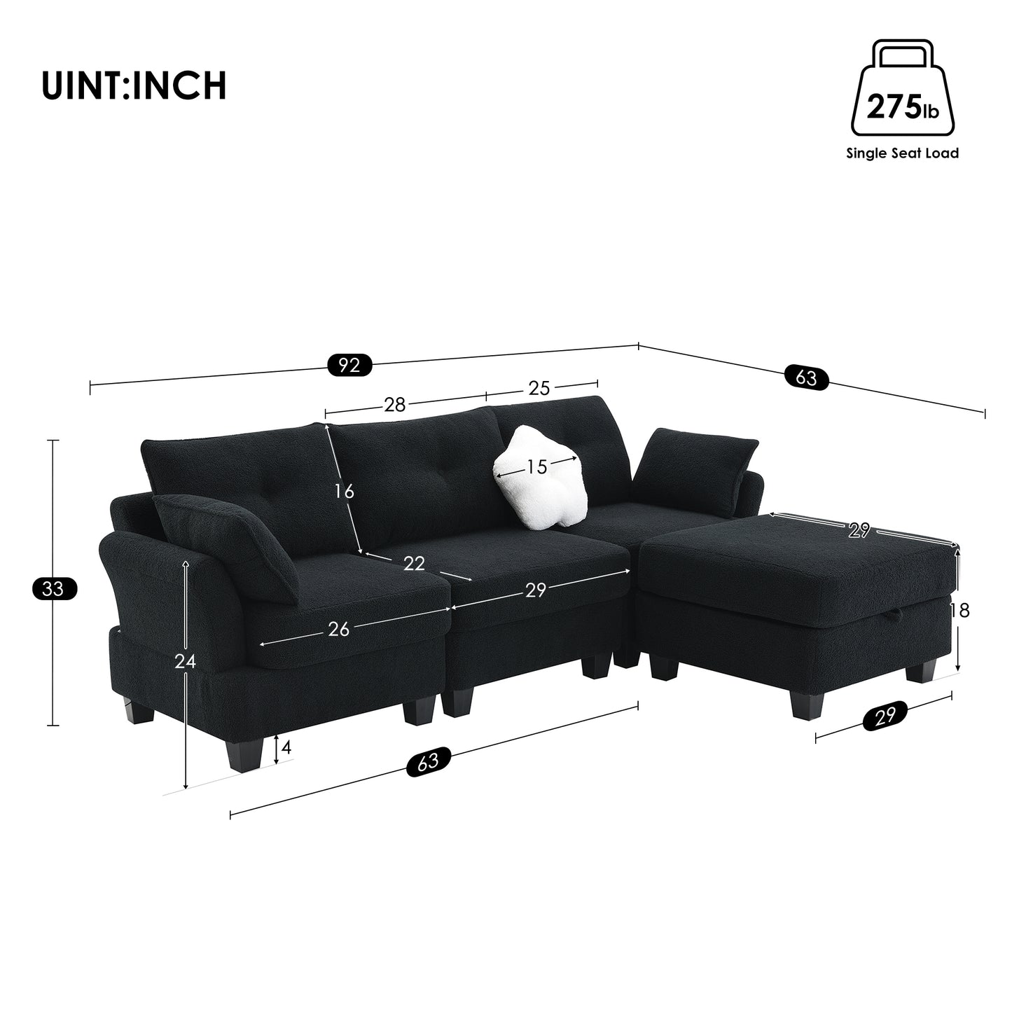 Modern Teddy Velvet Sectional Sofa with Charging Ports and Storage Ottoman - 4 Seat L-shaped Couch