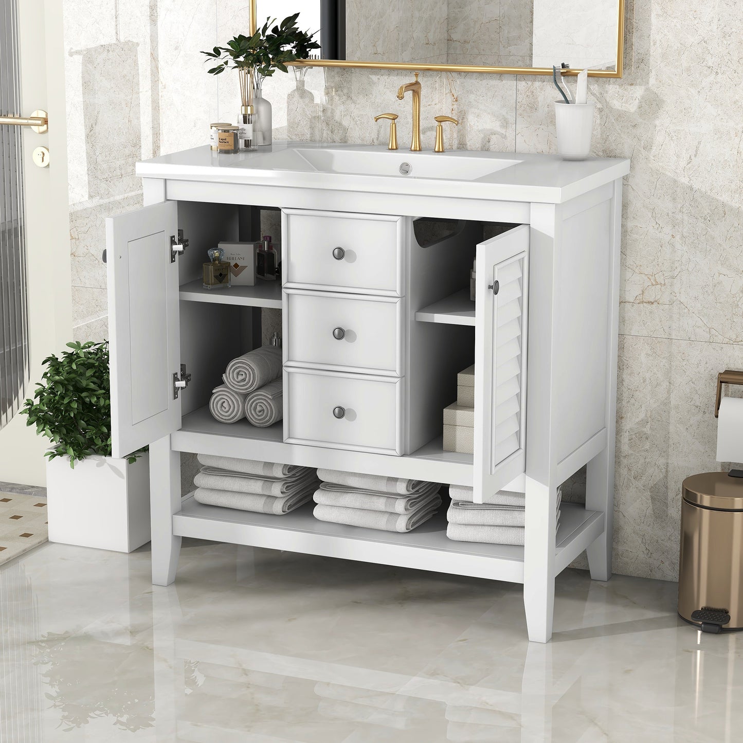 36" Bathroom Vanity with Ceramic Basin, Two Cabinets and Drawers, Open Shelf, Solid Wood Frame, White