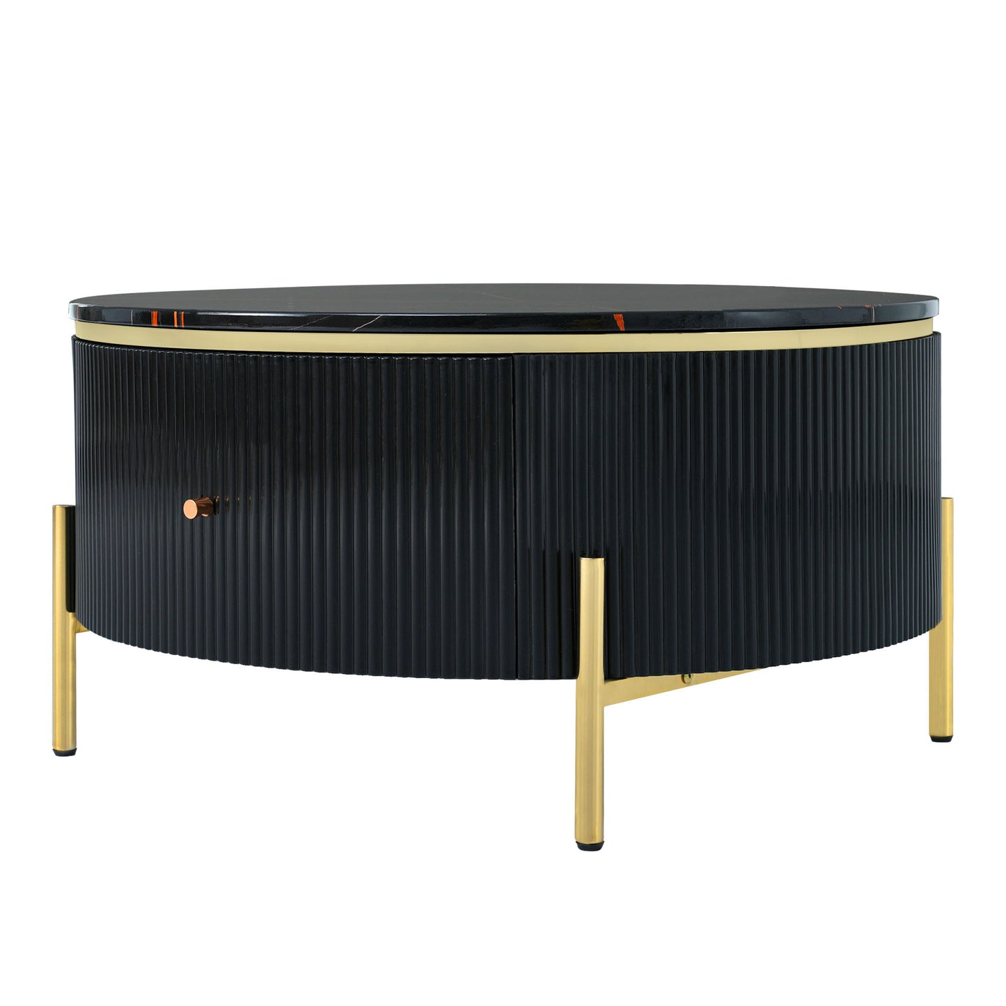 Contemporary Round Coffee Table with 2 Spacious Drawers and Marble Patterned Top